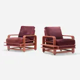 Lounge chairs, pair by Russel Wright, 1935, lacquered wood, upholstery, sold May 2023