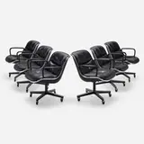 Executive chairs, set of six by Charles Pollock, 1963 / 1981, leather, molded plastic, chrome-plated steel, enameled steel, sold May 2023