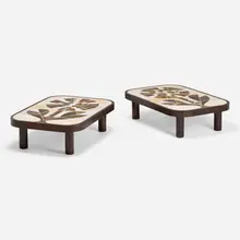 Occasional tables, pair by Roger Capron, c. 1975, glazed stoneware, walnut, sold May 2023
