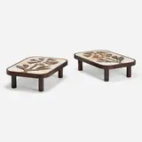 Occasional tables, pair by Roger Capron, c. 1975, glazed stoneware, walnut, sold May 2023
