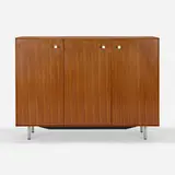 Thin Edge cabinet, model 5830 by George Nelson & Associates, walnut, enameled steel, matte chrome-plated steel, laminate, sold May 2023