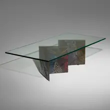 Coffee table, model PE 11 by Paul Evans, 1969, welded, polychromed, and patinated steel, glass, sold May 2023