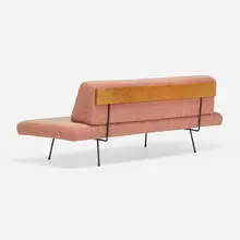 Early Daybed, model 102-R by Adrian Pearsall, c. 1954, upholstery, enameled steel, beech, sold May 2023