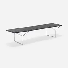 Slat bench by Harry Bertoia, c. 1990, lacquered wood, chrome-plated steel, sold May 2023