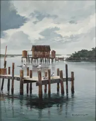 Dock with Seagulls by Wellington Ward Jr., Acrylic on Board, offered Feb 2018