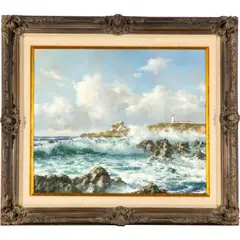 Coastal lighthouse scene by Robert Wee, oil on board, offered May 2023