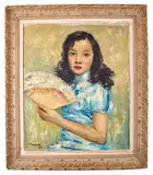 Girl With A Hand Fan by Cesare A. Ricciardi, 1959, Oil on canvas, offered Apr 2021