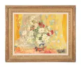 Les Dahlias Blancs (The White Dahlias) - circa 1972 by Le Pho, oil on silk laid to masonite, sold Oct 2024