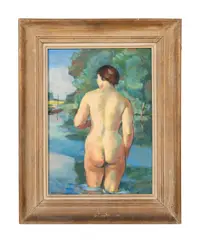 Figure Bathing at River - 1937 by Charles Kvapil, oil on board, sold Oct 2024