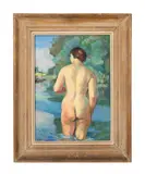 Figure Bathing at River - 1937 by Charles Kvapil, oil on board, sold Oct 2024