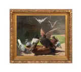 Pigeons At a Water Bowl by Adolf Mackeprang, oil on canvas, sold Nov 2024