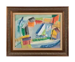 Untitled - Abstract Sailboat in Harbor by Adele Lemm, watercolor on paper, sold Dec 2024