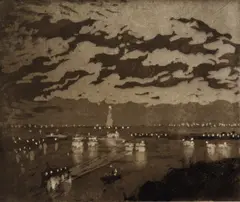 Untitled by Joseph Pennell, etching with aquatint of Manhattan skyline at night, sold Oct 2018