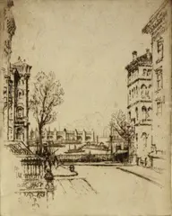 Untitled by Joseph Pennell, etching on paper "Ferry House from Pierrepont Street", sold Oct 2018