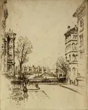 Untitled by Joseph Pennell, etching on paper "Ferry House from Pierrepont Street", sold Oct 2018