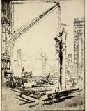 Untitled by Joseph Pennell, etching on paper "Setting Up Columns", sold Oct 2018