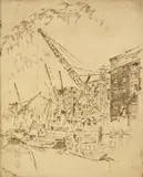 Untitled by Joseph Pennell, etching on paper "The Thames Wharf", sold Oct 2018