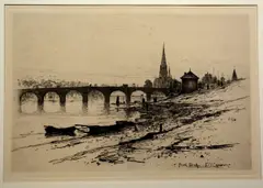 Untitled by David Young Cameron, 1889, etching "Perth Bridge", sold Oct 2018