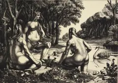 Untitled by William Evan Charles Morgan, 1928, engraving on paper "Nymphs Bathing", sold Oct 2018