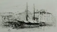 Untitled by William Walcot, 1914, drypoint etching on paper "The Boatyard, sold Oct 2018