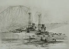 Untitled by William Walcot, drypoint etching on paper "USS Delaware", sold Oct 2018