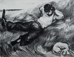 Untitled by George Ritkai, lithograph on paper of a man napping with a dog, sold Oct 2018
