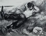 Untitled by George Ritkai, lithograph on paper of a man napping with a dog, sold Oct 2018