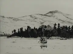 Untitled by Norman Wilkinson, drypoint etching on paper of two men in a fishing boat with mountain landscape, sold Oct 2018