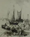 Untitled by Auguste Brouet, etching on paper "Fisherman", sold Oct 2018