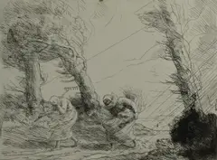 Untitled by Alphonse Legros, etching on paper "Harvesters Surprised by the Storm", sold Oct 2018