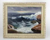 seascape with crashing waves by A. C. Hawkes, oil on canvas, sold Apr 2023