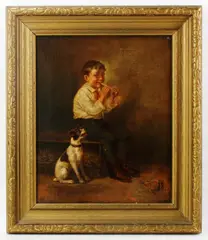 boy with dog by J. G Brown, oil on canvas, sold May 2023