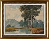 Landscape with Pond and Blue Gum Trees by Dino Paravano, oil on canvas mounted on board, sold Sep 2021