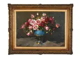Still Life with Roses and Babies Breath by Hennie Griesel, 1980, oil on canvas mounted on board, sold Sep 2021