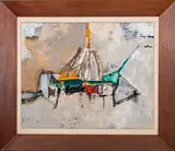 abstraction by R. S. Ackerman, mixed media collage, sold Jul 2022