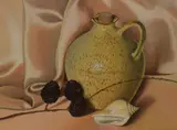Untitled by Mary Hodgson, Acrylic on board still life, a study of a vase, pine cones and shell, signed and dated, offered Aug 2026