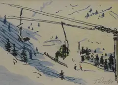 Untitled by Tom Dearden, Watercolour and Ink, a study of an alpine ski lift, signed and dated, offered Aug 2026