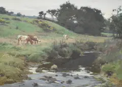 Untitled by Lamorna Birch, Oil on board, a pastoral river scene with grazing cattle, signed and dated, offered Aug 2026