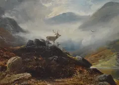 Untitled by Clarence Roe, Oil on canvas, a misted Scottish valley scene with stag, signed lower right, offered Aug 2026