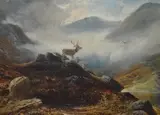 Untitled by Clarence Roe, Oil on canvas, a misted Scottish valley scene with stag, signed lower right, offered Aug 2026
