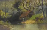 Untitled by C Herbert, Oil on canvas, depicting a woodland cabin, figure and pond, signed and dated, offered Jun 2026