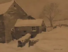 A monochromatic study of a farm by D.E Willink, Watercolour, a monochromatic study of a farm house in snow, signed and dated, offered May 2026