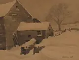 A monochromatic study of a farm by D.E Willink, Watercolour, a monochromatic study of a farm house in snow, signed and dated, offered May 2026
