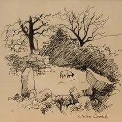 Study of a lone sheep as seen over a by John Cooke, ink, offered May 2026