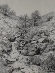 Depicting a cascading moorland by Elizabeth Walsh, ink, offered May 2026