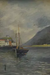 Depicting moored fishing boats in a harbour by Chas Chambers, oil on canvas, offered May 2026