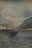 Depicting moored fishing boats in a harbour by Chas Chambers, oil on canvas, offered May 2026
