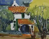 Study of a white cottage and garden by Desmond Turner, Watercolour, offered May 2026