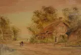 Surrey Cottages' depicting a quiet village with thatched cottages by Edith Nevil, Watercolour, offered May 2026