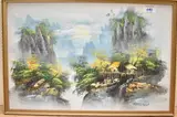 A dwelling nestled on rocks above a waterfall in cool tones by Y Yang, Oil on board, offered May 2026